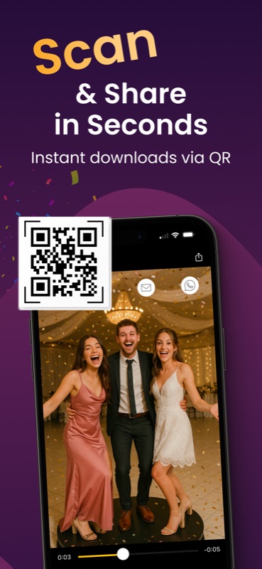 QR code sharing screen delivering a wedding 360 booth video to guests